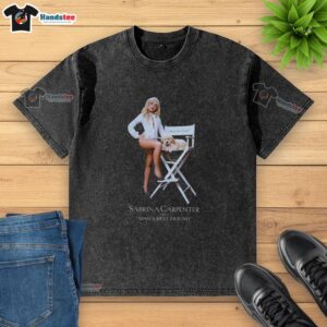 Sabrina Carpenter wearing a Man's Best Friend washed t-shirt, showcasing her casual style and love for dogs.