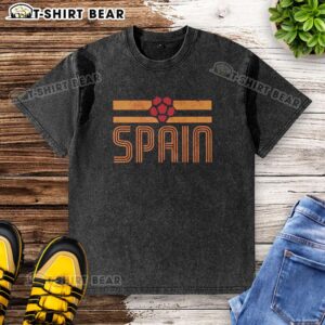 Alt Text: Hot Spain Retro Stripe World Cup Football Washed T-Shirt featuring vibrant colors and vintage design for fans.