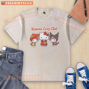 Cute Hello Kitty and Friends Big Kids Kawaii Cozy Club Washed T-Shirt featuring colorful designs on a comfy fabric.