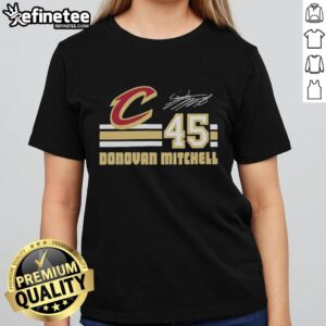 Awesome Donovan Mitchell Cleveland Cavaliers signature name and number ladies tee, showcasing team spirit and style.