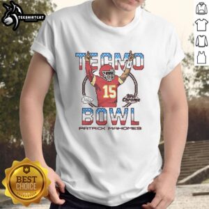 Alt Text: Good Tecmo Bowl X Topps Chrome Chiefs Patrick Mahomes T-Shirt featuring vibrant graphics of Mahomes in action.
