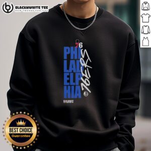Alt Text: Stylish Top Philadelphia 76ers Playoff NBA 2026 sweatshirt featuring team colors and logo, perfect for fans.