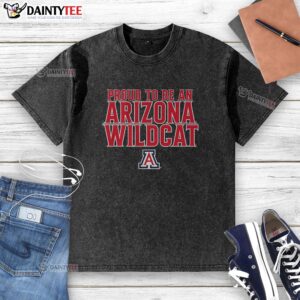 Awesome Arizona Basketball Proud to Be an Arizona Wildcat washed t-shirt displayed on a hanger against a neutral background.
