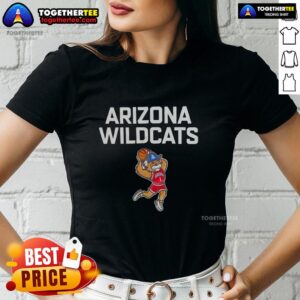 Arizona Wildcats mascot Wilbur in a ladies' basketball tee, showcasing team spirit and school pride.