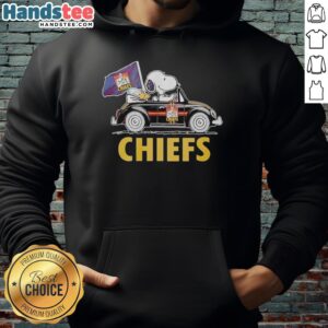 Alt Text: Snoopy and Woodstock joyfully driving a car, wearing a Gallagher Chiefs hoodie, celebrating in style.