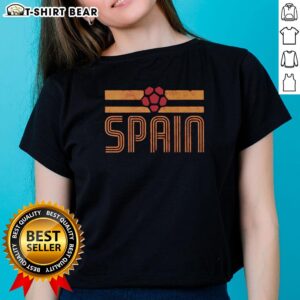 Hot Spain Retro Stripe World Cup Football Ladies Tee featuring vibrant colors and stylish design for fans.