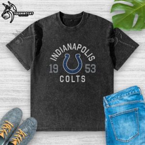 Alt Text: Premium Indianapolis Colts Heritage Print Washed T-Shirt featuring a vintage design and comfortable fit for fans.