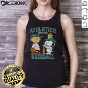 Charlie Brown, Snoopy, and Woodstock wearing Oakland Athletics jersey tank top, celebrating baseball since 1901.