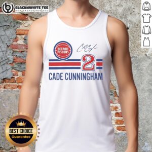 Alt Text: Top Cade Cunningham Detroit Pistons signature name and number tank top featuring vibrant team colors and logo.