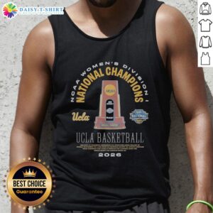 UCLA Bruins 2026 NCAA Women's Basketball National Champions trophy with Legends tank top, celebrating victory.