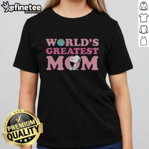 Premium Snoopy World's Greatest Mom Ladies Tee featuring a playful Snoopy graphic, perfect for Mother's Day gifts.