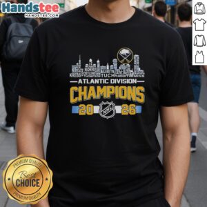Buffalo Sabres 2026 NHL Atlantic Division Champions t-shirt featuring players and city skyline design.