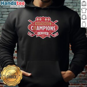 Premium Denver Pioneers 2026 NCAA Frozen Four Men's Ice Hockey National Champions Hoodie in vibrant red.