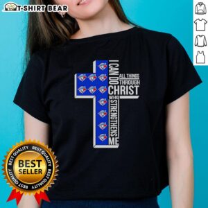 Alt Text: Pretty Toronto Blue Jays Cross I Can Do All Things Through Christ Ladies Tee - Stylish and Faith-Inspired Apparel