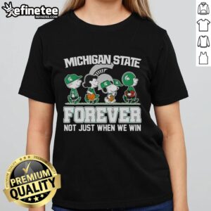 Top Peanuts x Michigan State Spartans Forever Fan cartoon ladies tee featuring beloved characters celebrating fandom.