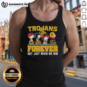 Top Peanuts characters graphic on a USC Trojans NFL tank top, celebrating team spirit and fandom all year round.