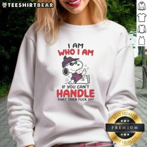 Alt Text: Cute Snoopy I Am Who I Am sweatshirt featuring Snoopy with a playful middle finger gesture, perfect for casual wear.