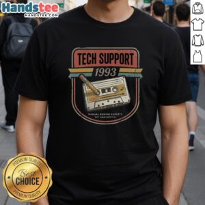 Official Tech Support 1993 manual rewind experts DIY analog fix cassette fix dept T-shirt design featuring vintage graphics.
