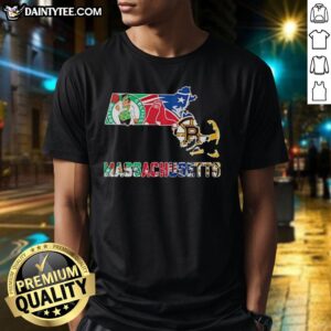 Alt Text: Nice Massachusetts sports teams graphic transfer on a stylish state t-shirt, perfect for fans and casual wear.
