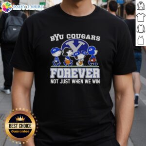Alt Text: Pretty Peanuts X BYU Cougars Forever fan cartoon characters T-shirt showcasing team spirit for all seasons.