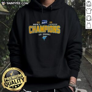 Alt Text: Official NCAA Liu Sharks 2026 Northeast Conference Tournament Champions hoodie in navy blue with team logo.