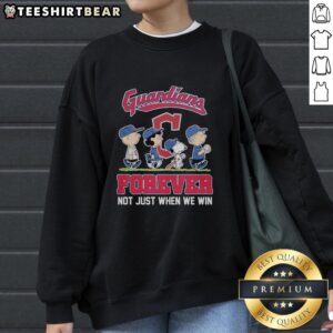Pretty Peanuts characters on a Cleveland Guardians MLB sweatshirt: 'Forever Not Just When We Win' design.