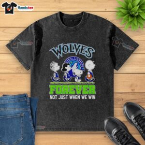 Official Peanuts Characters x MLB Minnesota Timberwolves Forever T-Shirt showcasing iconic characters in team colors.