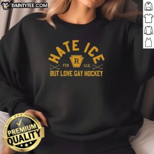 Alt Text: Good Hate Ice But Love Gay Hockey sweatshirt design featuring vibrant colors and a playful slogan