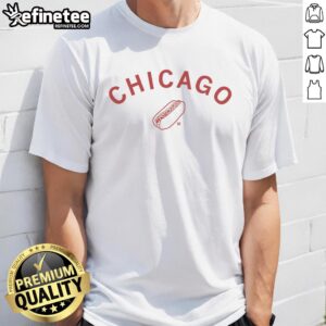 Stylish curved t-shirt featuring a colorful Chicago hot dog design, perfect for food lovers and Chicago enthusiasts.