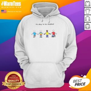 Colorful cartoon hoodie reading 'Nice, It's Okay to Be Disabled' promoting disability acceptance and inclusivity.