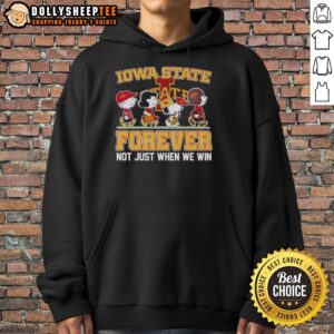 Original Peanuts x Iowa State Cyclones hoodie featuring cartoon characters and 'Forever Fan' slogan, perfect for loyal fans.
