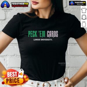 Alt Text: Ladies tee featuring the slogan 'Peck Em' for Lamar University fans, perfect for casual wear and school spirit.