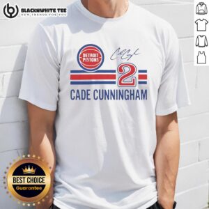 Alt Text: Cade Cunningham Detroit Pistons signature name and number t-shirt featuring vibrant graphics and team colors.