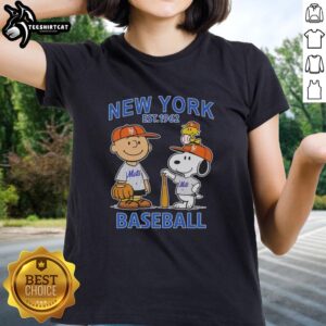 Awesome Charlie Brown and Snoopy X New York Mets Basketball Est 1962 ladies tee featuring vibrant graphics and stylish design.