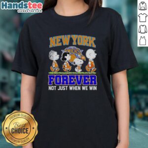 Official Peanuts characters MLB New York Knicks Forever tee for ladies, showcasing fun team spirit and style.