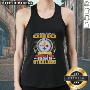 Pretty Pittsburgh Steelers tank top with 'I may live in Ohio, but my heart belongs to Steelers' design for fans.