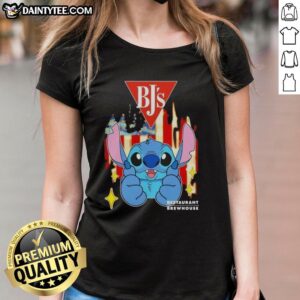 Cute Stitch-like BJs Restaurants USA flag ladies tee, perfect for casual outings and patriotic events.