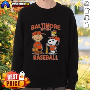 Alt Text: Charlie Brown, Snoopy, and Woodstock in Baltimore Orioles baseball jersey sweatshirt, celebrating Est. 1894.