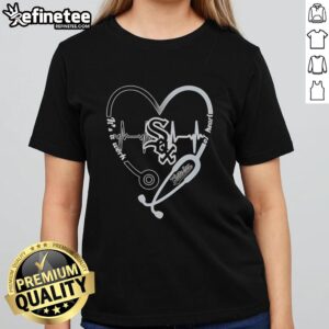 Alt Text: Pretty Chicago White Sox heart and soul tee with stethoscope and heartbeat design for ladies.