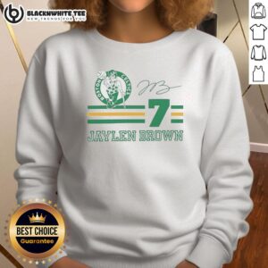 Alt Text: Jaylen Brown Boston Celtics signature name and number sweatshirt featuring bold graphics and team colors.