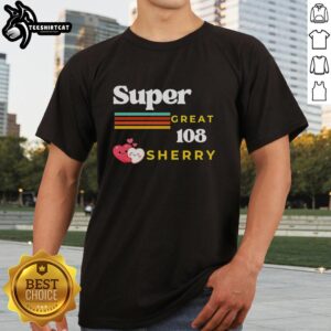 Premium Super Great 108 Loves Sherry Two Hearts Hugging Retro T-Shirt design featuring vibrant heart graphics.