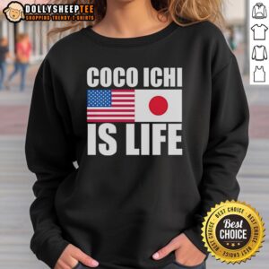 Alt Text: Coco Ichi Is Life sweatshirt featuring American and Japan flags, perfect for culture enthusiasts and fashion lovers.