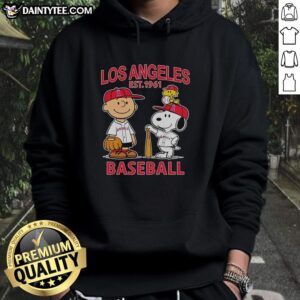Alt Text: Charlie Brown, Snoopy, and Woodstock wearing Los Angeles Angels baseball jersey hoodie, est. 1961, in vibrant colors.
