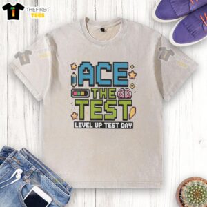Original Ace The Test Pixel Gamer Style Level Up Test Day Motivation Washed T-Shirt in vibrant colors.