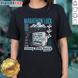 Nice GDQ Marathon Luck Game Done Quick No Save Data Found Ladies Tee featuring vibrant design and comfortable fit.