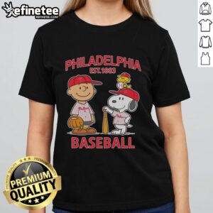 Awesome Charlie Brown Snoopy And Woodstock With Philadelphia Phillies Baseball Jersey Est 1883 T-Shirt - Image 3