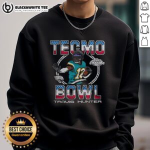 Alt Text: Nice Tecmo Bowl X Topps Chrome Jaguars Travis Hunter Sweatshirt featuring vibrant graphics and cozy design.