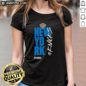 Official New York Knicks playoff basketball logo on a stylish ladies tee, perfect for fans supporting their team.