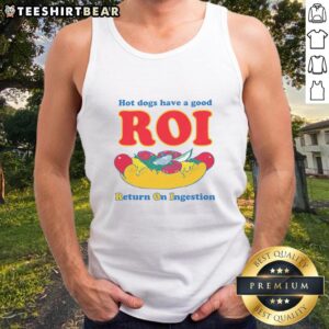 Funny hot dogs tank top featuring 'Good ROI: Return on Ingestion' slogan, perfect for food lovers and humor enthusiasts.