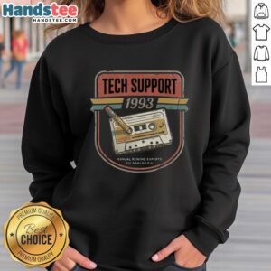 Vintage 1993 Official Tech Support sweatshirt for DIY analog cassette fixes, featuring 'Rewind Experts' design.